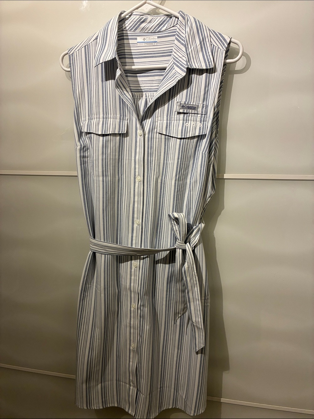 Columbia Sleeveless Striped Button-Down Shirt Dress in Blue and White